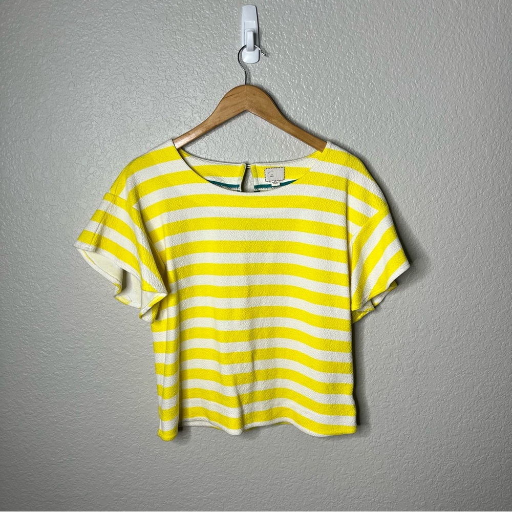 Anthropologie Postmark Striped Top Yellow White Textured Flutter Sleeve Blouse S